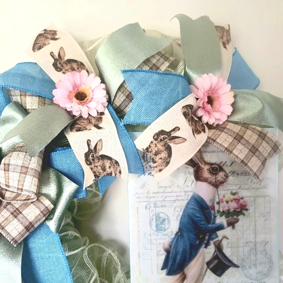 Victorian Gentleman Easter Bunny Wreath Rabbit Deco Mesh Bows Greens Blues Pinks - Picture 4 of 8